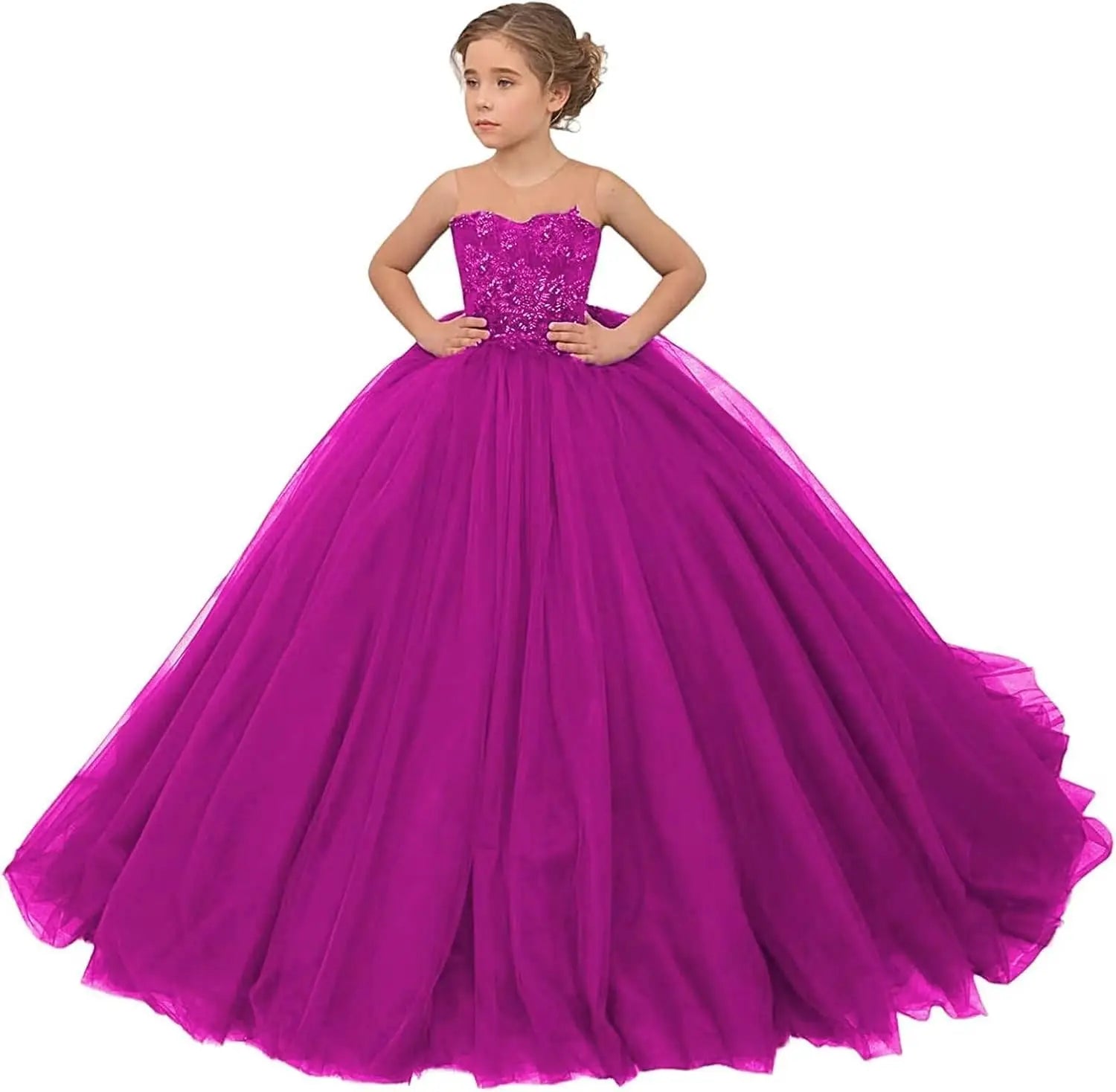 Tulle Flower Girls Dresses Lace Appliques Long Formal Princess Wedding Pageant Ball Gowns for Children