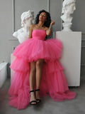 High Low Tüll Ballkleider Lange trägerlose gestufte Abendkleider A-Linie Abendkleid mit Schleppe Partykleider Damen Abend 