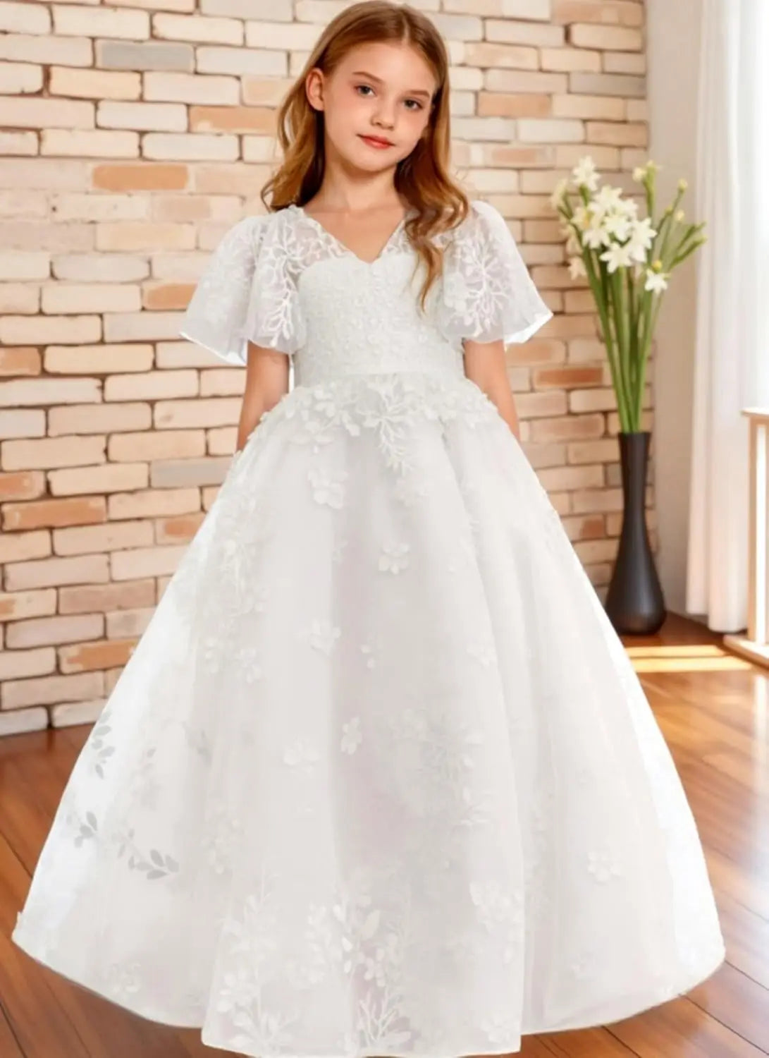 Vestido de primera comunión de encaje con mangas con volantes para niña de las flores, para boda, desfile, vestido de princesa 