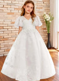 Vestido de primera comunión de encaje con mangas con volantes para niña de las flores, para boda, desfile, vestido de princesa 