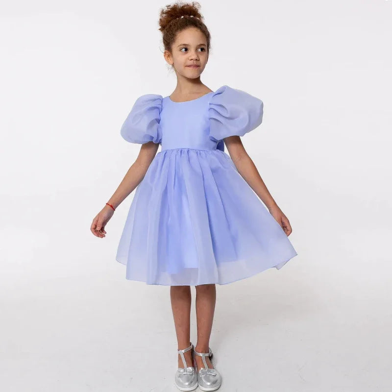 Blauer Tüll mit Schleife, kurze Ärmel, für Hochzeit, Geburtstag, Party, Bankett, Kommunion, Kleider für Blumenmädchen 