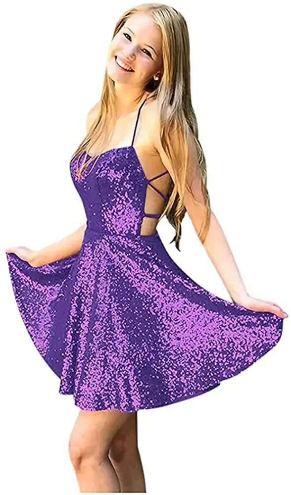 Vestidos de fiesta formales con cuello halter y lentejuelas para mujer, cortos, sin espalda, con lentejuelas azules, para cóctel 