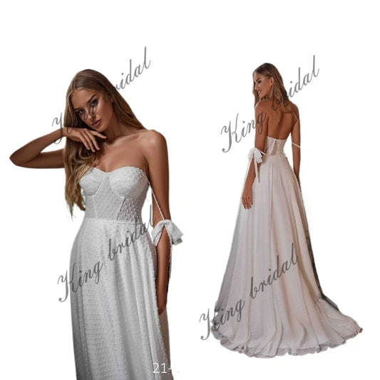 Bustier Gepunktetes seidiges Chiffonkleid Abnehmbare lange Ärmel Brautkleid Minimalistisches Hochzeitskleid Boho Custom Hochzeitskleid 
