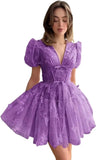 3D Butterfly Tulle Homecoming Dresses for Teens A-Line Short Sleeve Prom Cocktail Dress with Butterfly Appliques