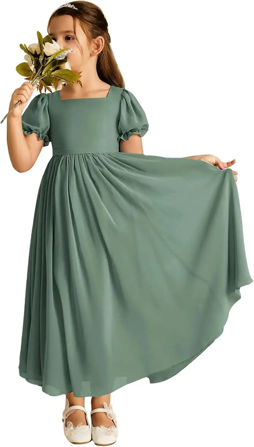Long Chiffon Junior Bridesmaid Dresses for Wedding with Sleeve Formal Flower Girl Dress for Teens princess dress