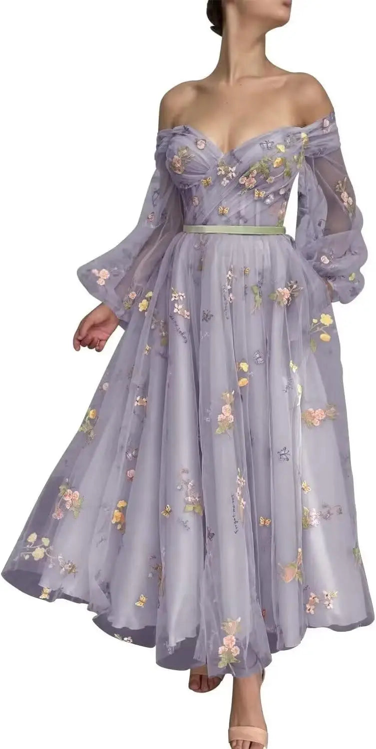 Bridesmaid Dress Long Sleeve Flower Embroidery Lace Tulle Prom Dresses for Women A Line Fairy Maxi Formal Evening Party Gowns