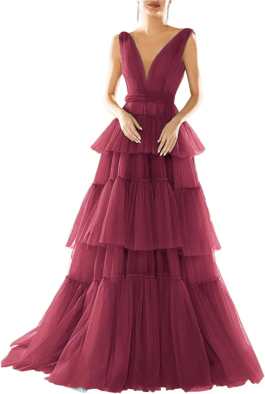 Vestidos de fiesta largos con escote en V doble para mujer, 2025, de tul escalonado, corte A, plisados, formales, para fiesta de noche. 