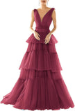 Vestidos de fiesta largos con escote en V doble para mujer, 2025, de tul escalonado, corte A, plisados, formales, para fiesta de noche. 