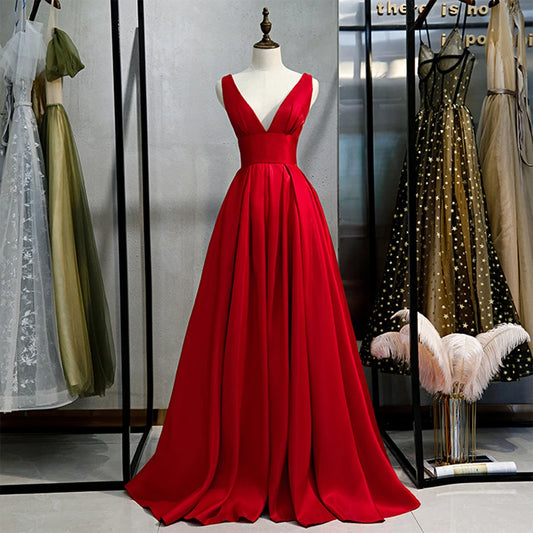 Customized Long Red A-Line Evening Dresses Deep V-Neck Prom Party Gowns Satin Formal Dress
