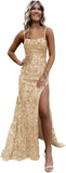 Vestidos de fiesta de sirena con lentejuelas brillantes para mujer, tirantes finos, vestido largo formal de noche con abertura, vestido de fiesta de boda 