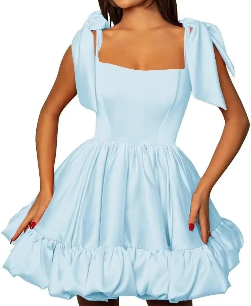 Women’s A-line Puffy Straps Sleeveless Formal Party Gown Teens Satin Short Homecoming Cocktails Dress