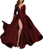 Deep V-Neck Satin Prom Dress for Women, 3/4 Sleeve Formal Evening Gown with Pockets, Elegant Party Dress
