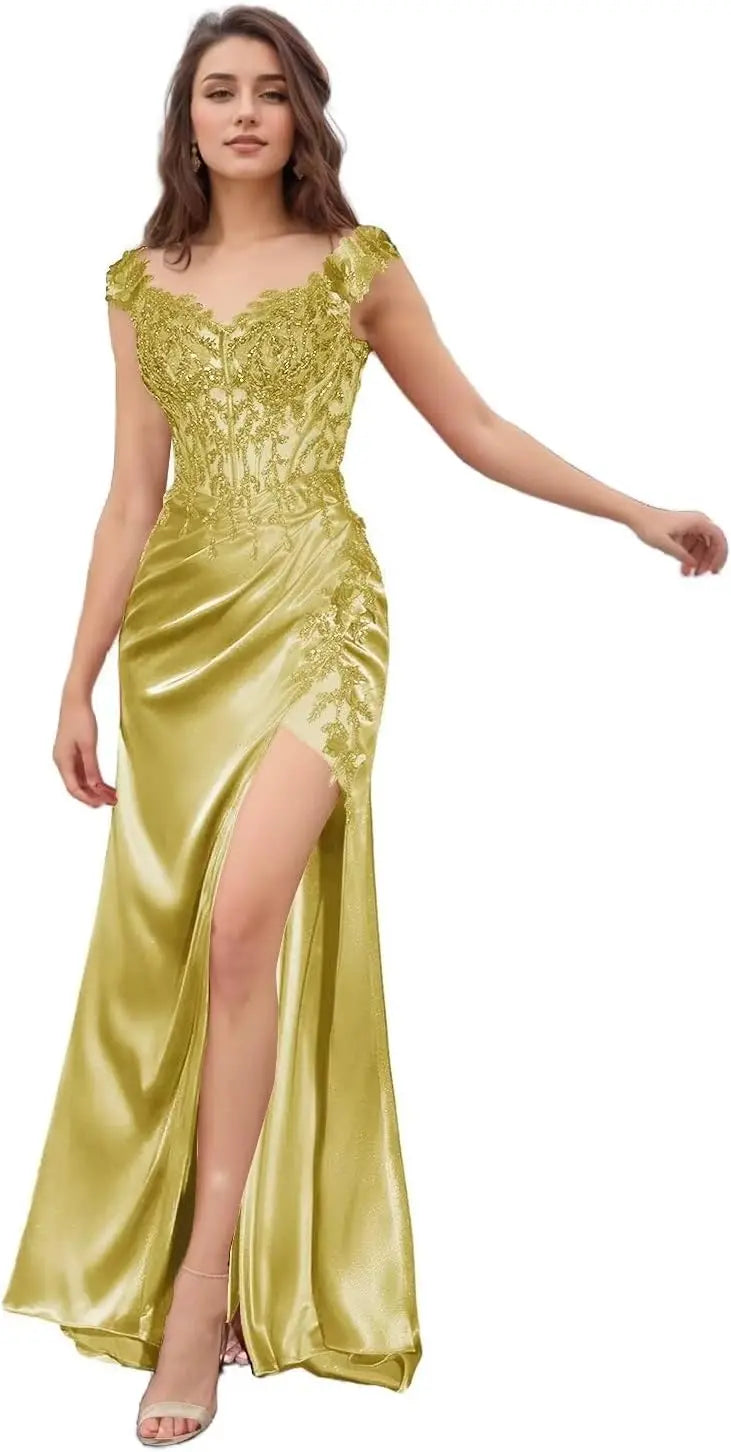 Elegant Satin Prom Dresses for Women Long 2025 3D Flower Lace Applique Off Shoulder Formal Evening Wedding Party Gown with Slit