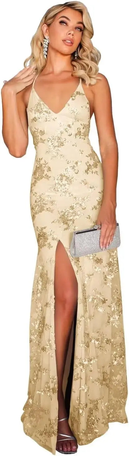 Vestidos de fiesta de sirena con encaje y lentejuelas sexys para mujer 2025, vestido formal de noche con tirantes finos largos y abertura de encaje brillante. 