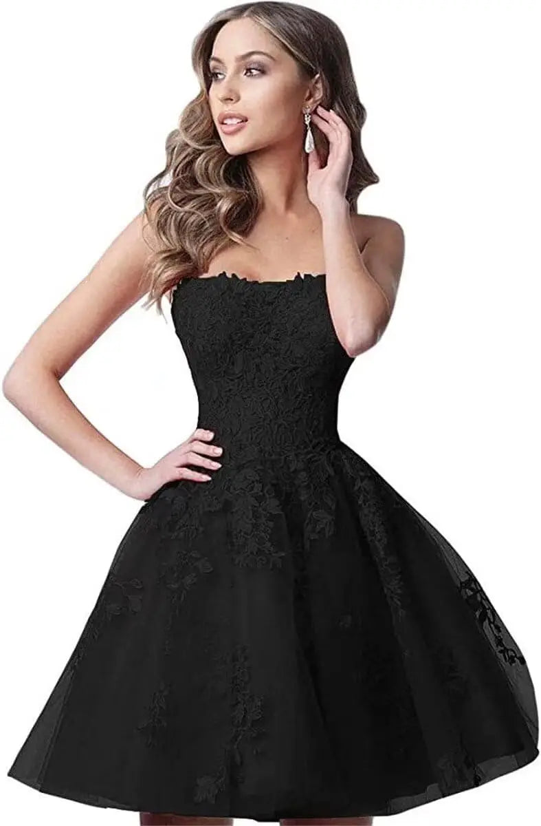 Spitzen-Heimkehrkleider, kurz, A-Linie, trägerlos, formelle Cocktailparty-Kleider, Abschlussballkleid, Ballkleider, Minikleid 