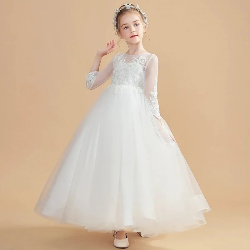 2025 Birthday Party Holy Communion Gowns Flower Girl Dresses White Tulle Flory Appliques 3/4 Sleeve For Wedding