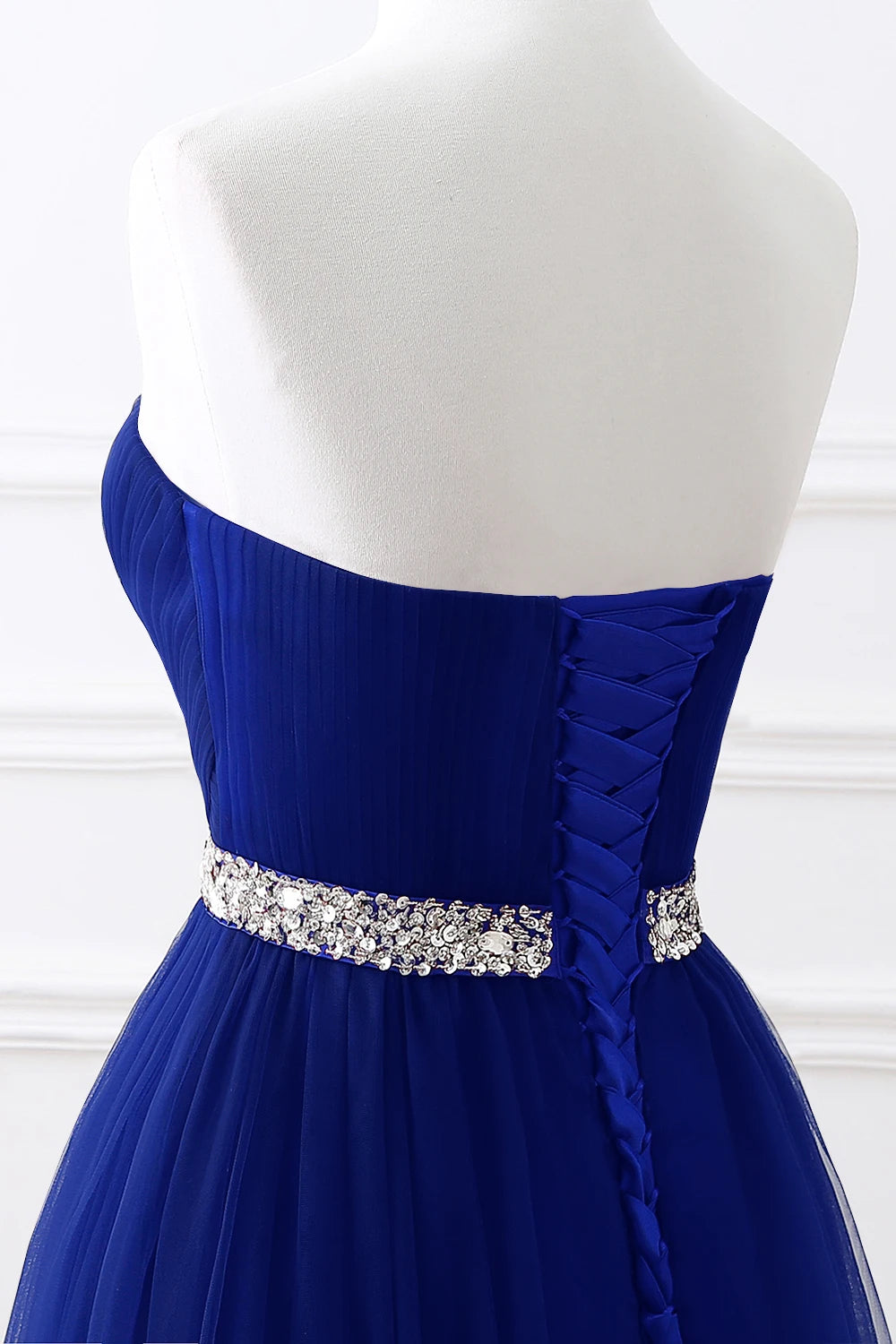 A-line Strapless Tulle Royal Blue Evening Dresses Lace Up Crystal Sequin Formal Party For Bride Sexy Prom Gown Wedding Party