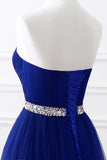 A-line Strapless Tulle Royal Blue Evening Dresses Lace Up Crystal Sequin Formal Party For Bride Sexy Prom Gown Wedding Party