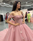 3D Floral Quinceanera Dresses Lace Beaded Party Gowns Off Shoudler Tulle Ball Gown for Sweet 15 16 Dresses