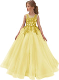 Festzugskleider für Mädchen, Spitzenapplikation, Blumenmädchenkleid, Tüll, Festzugskleid für Mädchen, lang, ärmellos, Prinzessinnen-Party-Ballkleid 