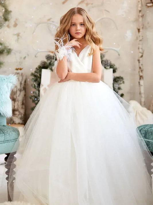 White Tulle Skirt Satin Top With Bow Sleeveless For Wedding Birthday Party First Communion Gowns Flower Girl Dresses