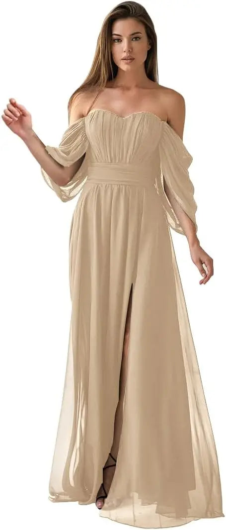 Vestido de dama de honor de talla grande con hombros descubiertos, de gasa, formal, con abertura, elegante, para invitada de boda 