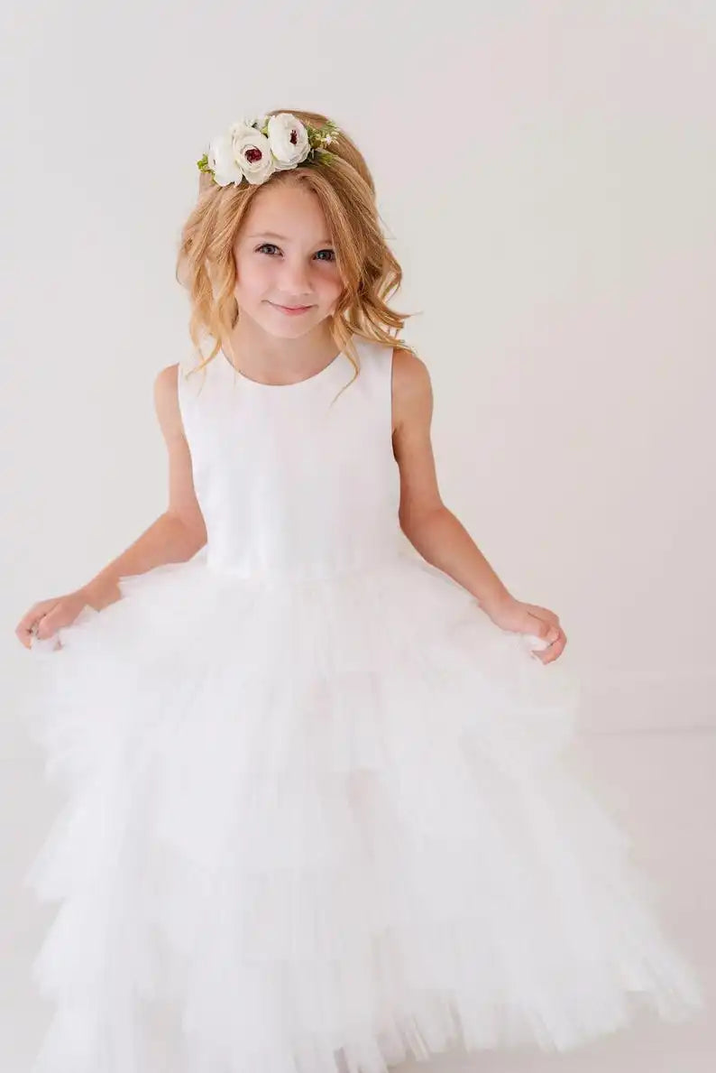 Vestido blanco para niña de flores para bebés, niñas y niñas, top sin mangas de satén y tul en capas con lazo grande en la espalda, vestido dulce 