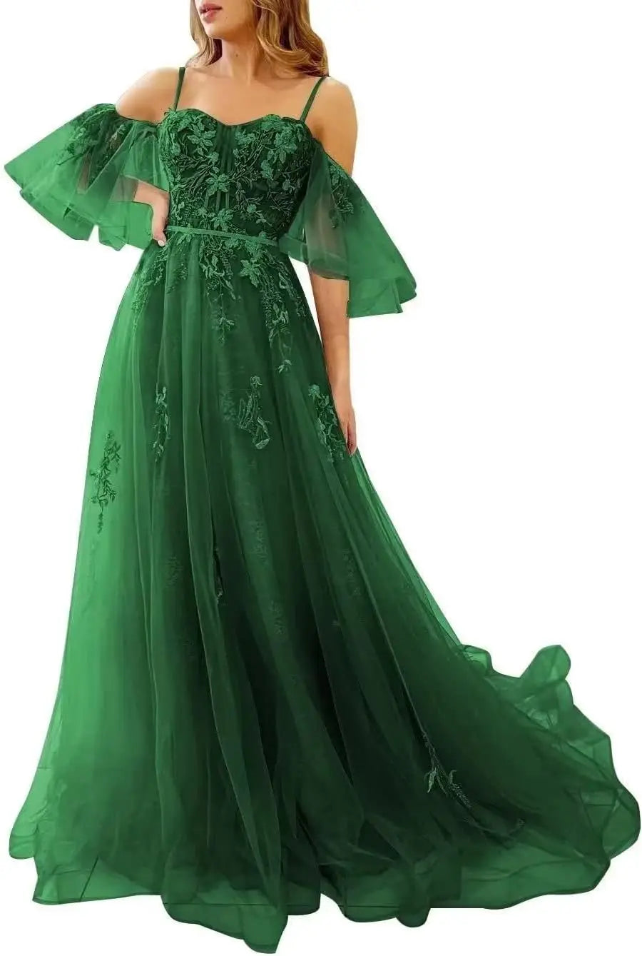 Lace Applique Tulle Prom Dresses Off Shoulder Puffy Sleeves Wedding Dress Long Women Sweetheart A Line Evening Gowns