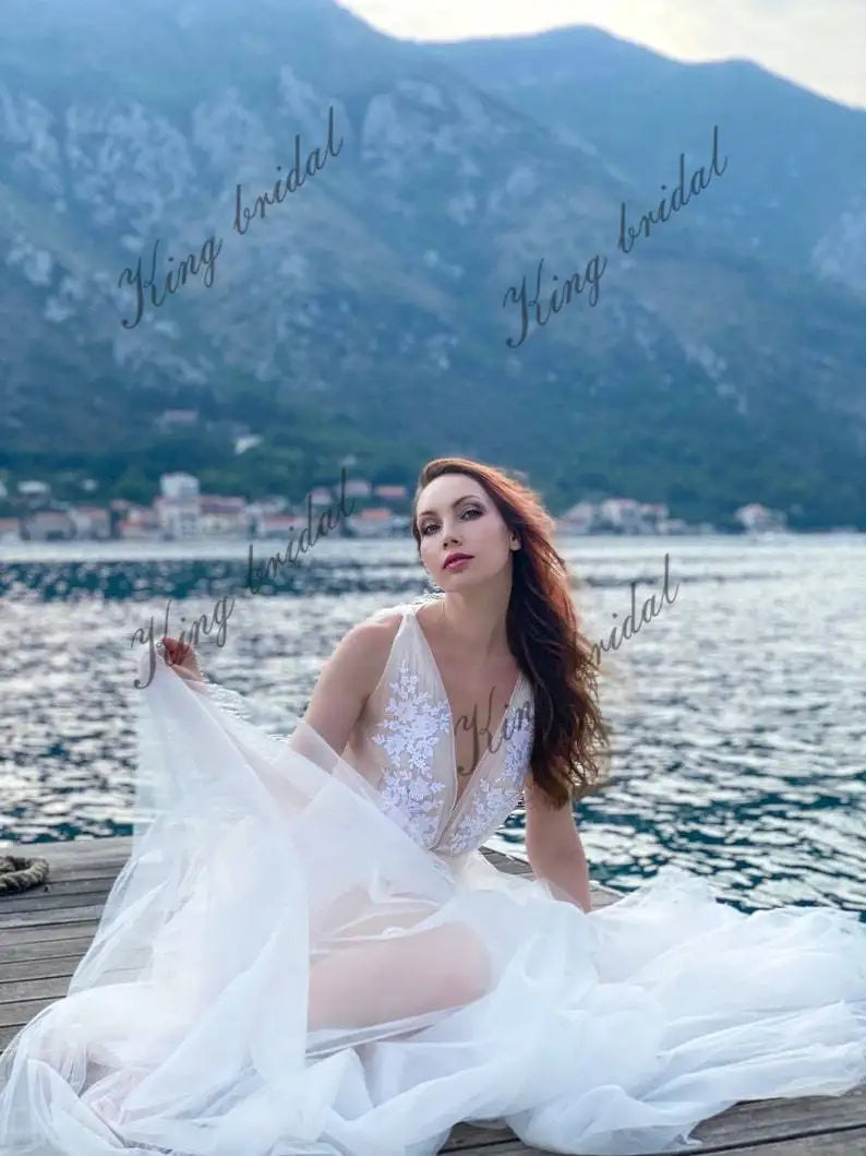 Sheer boudoir long bridal robe. Wedding night sexy bride nightgown. Lace and tulle maternity photoshoot robe.