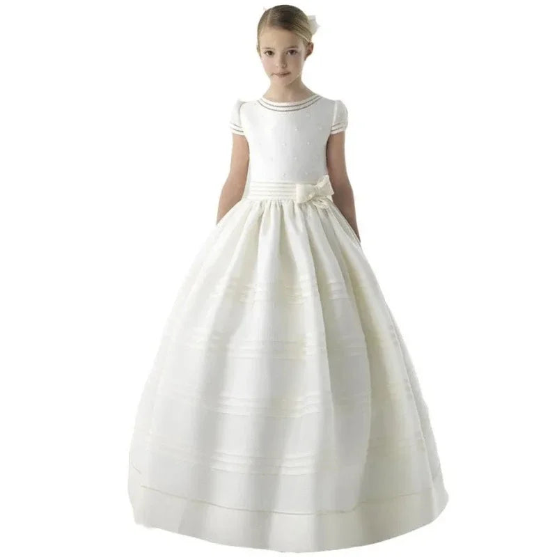 Vintage Ivory Satin Pearls Top With Bow For Wedding Birthday Party Princess Baptism Gowns Customized Flower Girls Dresses