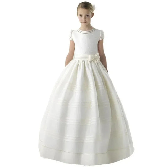 Top vintage de satén marfil con perlas y lazo para bodas, fiestas de cumpleaños, vestidos de princesa para bautizo, vestidos de flores personalizados para niñas. 