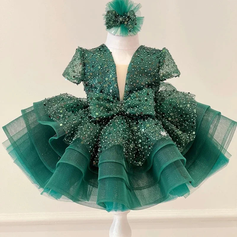 Bonitos vestidos de princesa para fiesta de bodas, personalizados, de organza brillante con lentejuelas y lazo, para niña de las flores. 