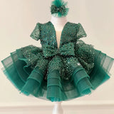 Bonitos vestidos de princesa para fiesta de bodas, personalizados, de organza brillante con lentejuelas y lazo, para niña de las flores. 