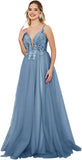 Vestidos de fiesta de tul con escote en V profundo para mujer, tirantes finos, apliques de encaje, vestidos de noche largos de corte A 