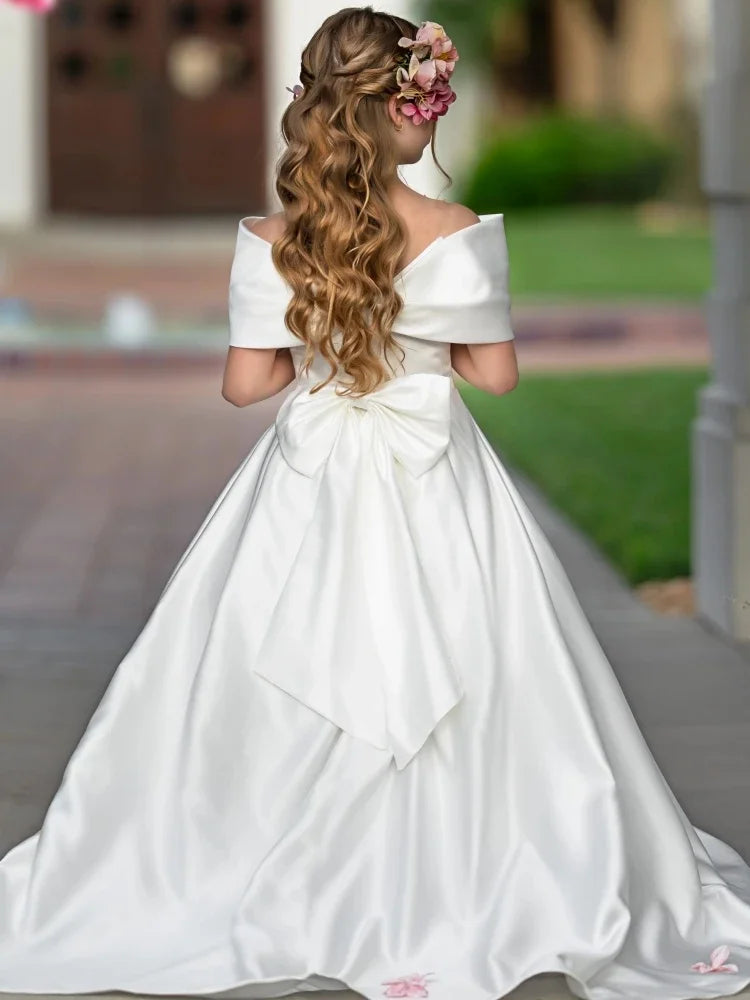Vestido de satén blanco con lazo, manga corta, para boda, fiesta de cumpleaños, banquete, princesa, comunión, personalizado, para niña de las flores 