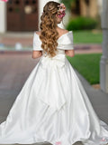 Vestido de satén blanco con lazo, manga corta, para boda, fiesta de cumpleaños, banquete, princesa, comunión, personalizado, para niña de las flores 