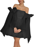 Vestidos de fiesta de organza con hombros descubiertos y lazo, de manga larga, para graduación, de corte A, formales, para cóctel o fiesta. 