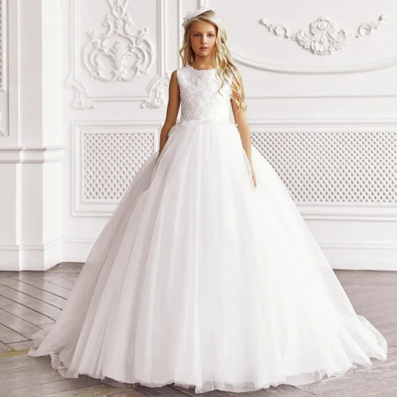 Birthday Party Prom Banquet Princess Gowns Flower Girl Dresses White Embroidery Appliques With Trailing Sleeveless For Wedding