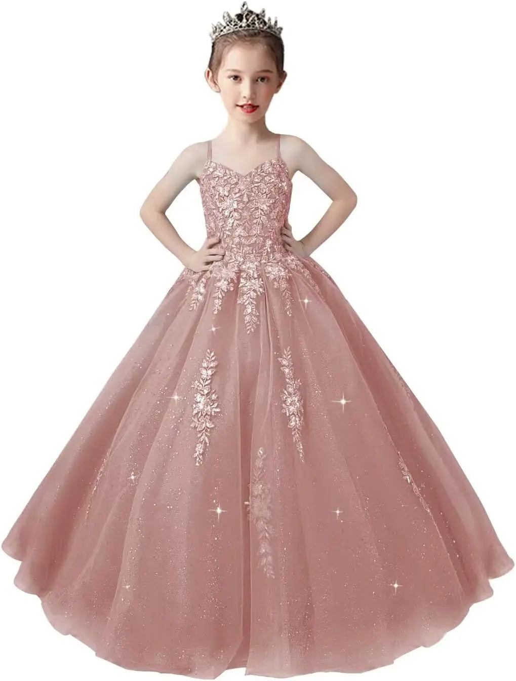 Lace Applique Tulle Pageant Gowns for Girls Ball Gown Flower Girl Dress Princess Toddler Kids Prom Pageant   Dress