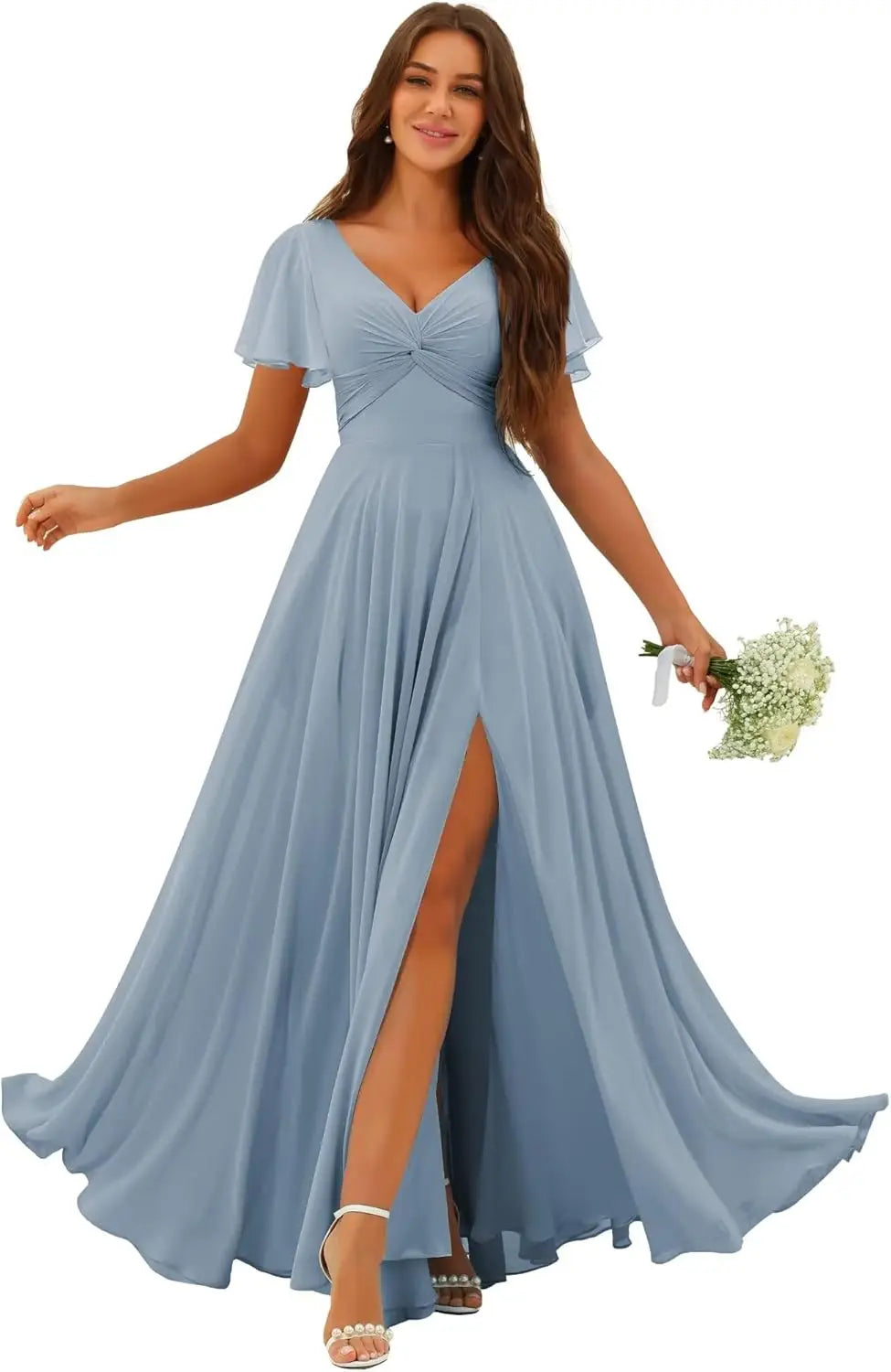 Custom Made Flutter Sleeves Split Bridesmaid Dresses with Slit Long V Neck Empire Waist Formal Evening Dress for Women Wedding