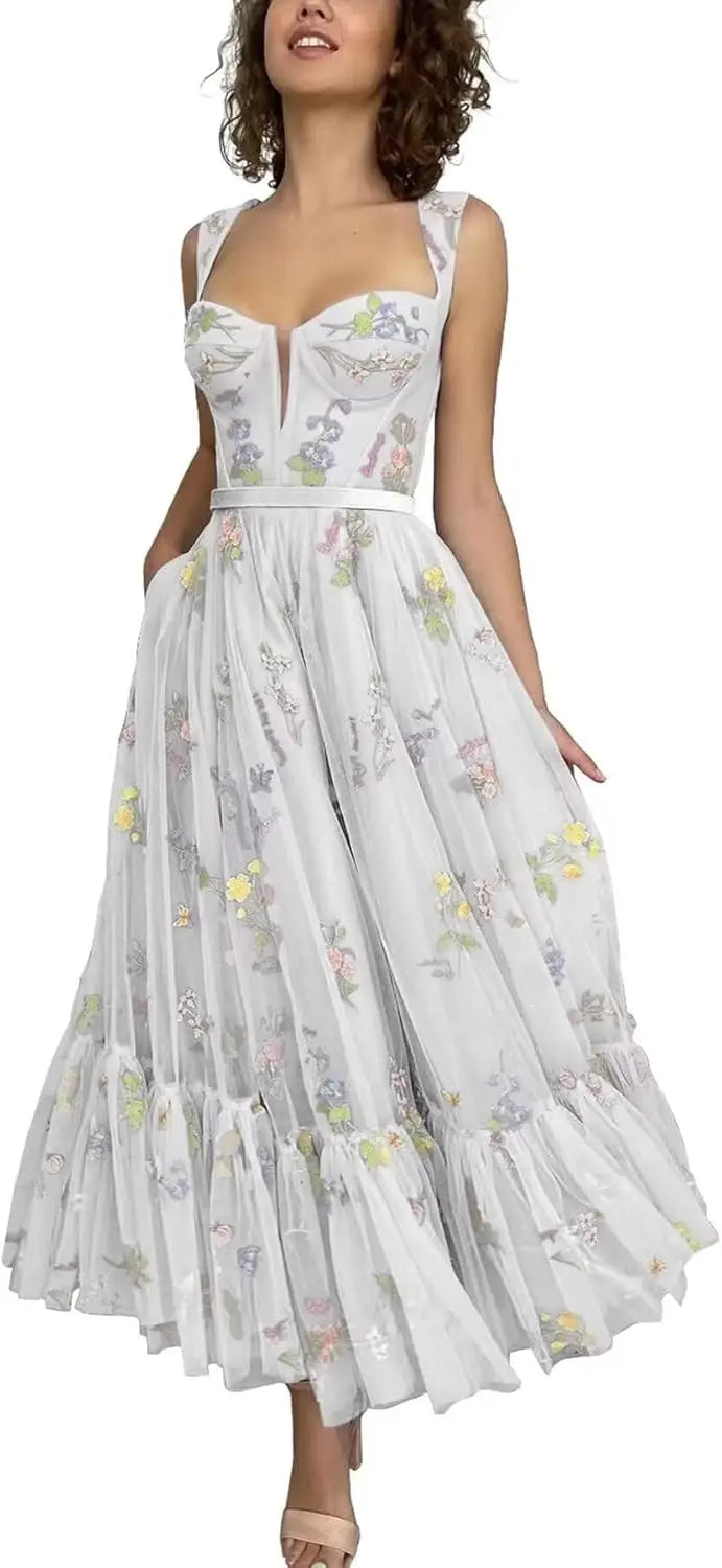 Custom Made Women's Flower Embroidery Tulle Prom Dresses Tea Length Corset A Line Fairy Formal Evening Party Gown Bridesmaid
