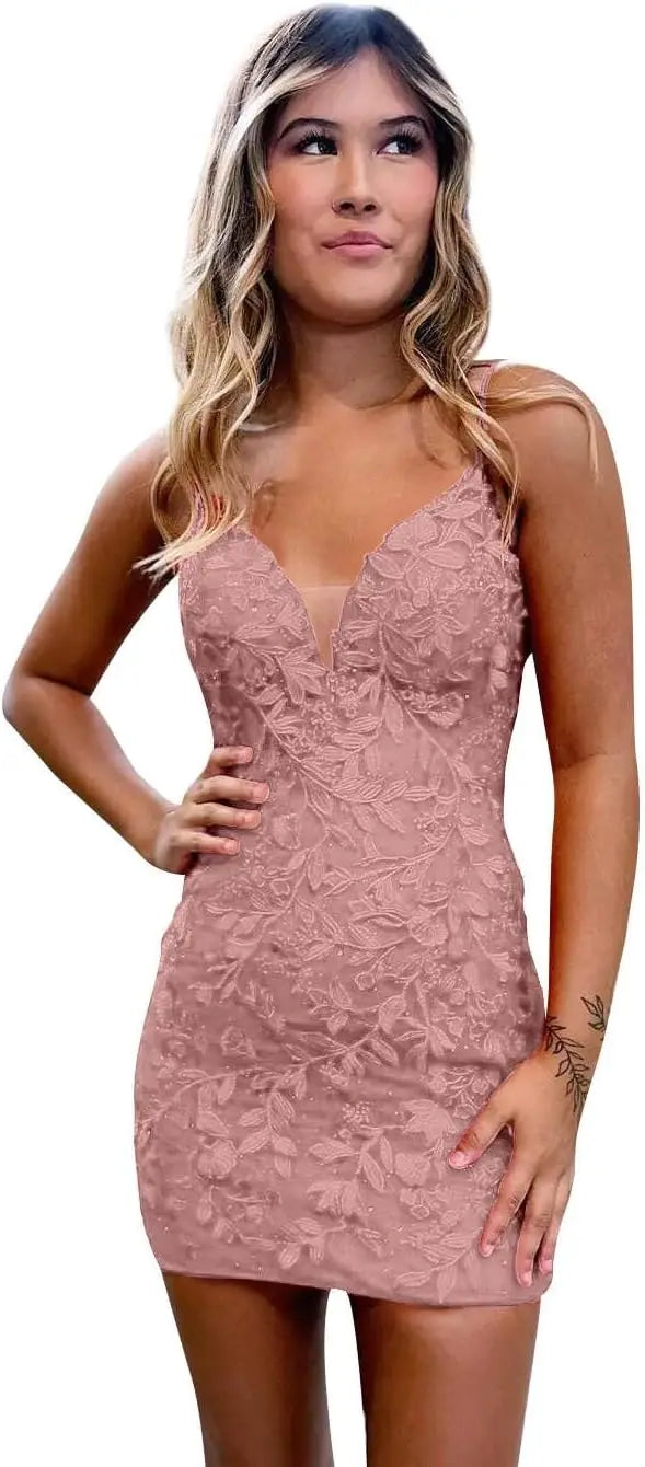 Etuikleid für Teenager mit Spitzenapplikationen, enges, offenes Rückenkleid, kurzes Ballkleid, formelle Abendkleider, Hochzeitsfeier, Cocktailkleid 