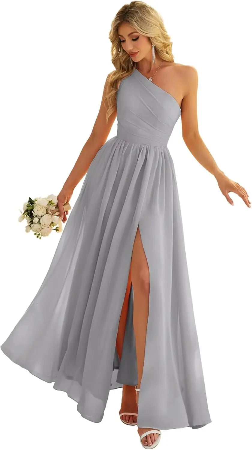 Women's One Shoulder Bridesmaid Dresses for Wedding Chiffon Side Split Reched Formal Evening Dress Sleeveless