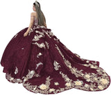 Gold Appliques Quinceanera Dresses with Train Spaghetti Strap Lace Sweet 16 Dresses Layered Ruffles Beaded Ball Gown