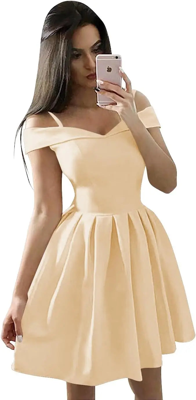 Vestidos cortos con hombros descubiertos para adolescentes (2025), vestido de fiesta con tirantes finos y bolsillos, vestido de dama de honor para fiesta de bodas. 