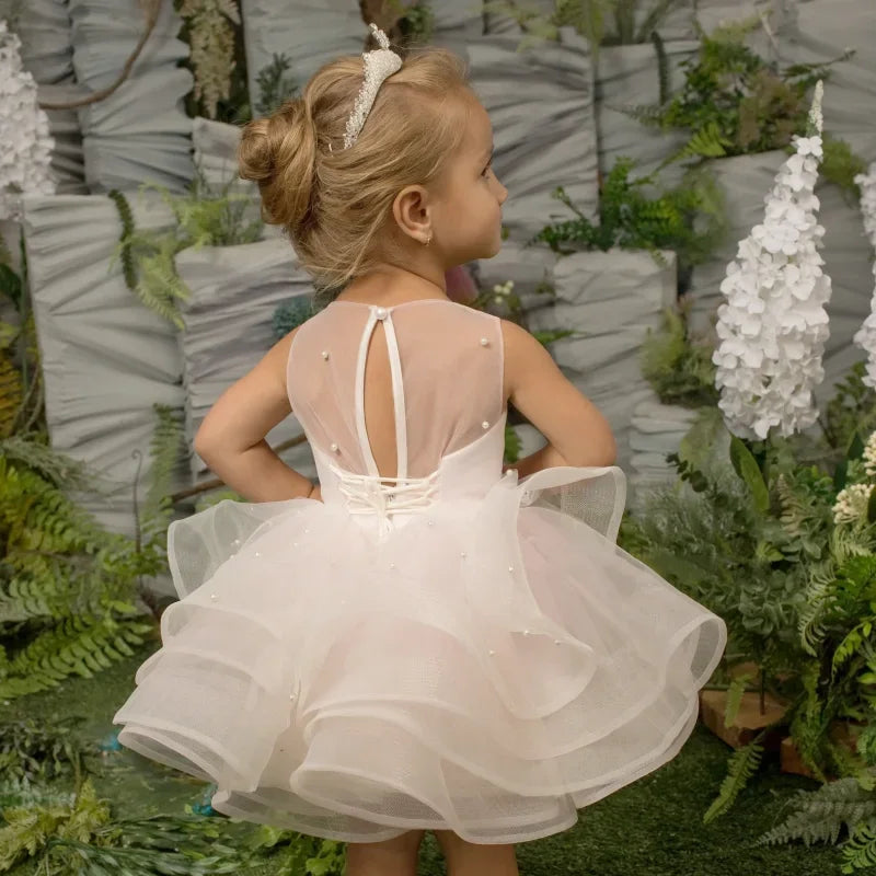 Vestidos de tul rosa claro con estampado floral escalonado sin mangas para bodas, fiestas de cumpleaños, primera comunión, vestidos para niñas de las flores 