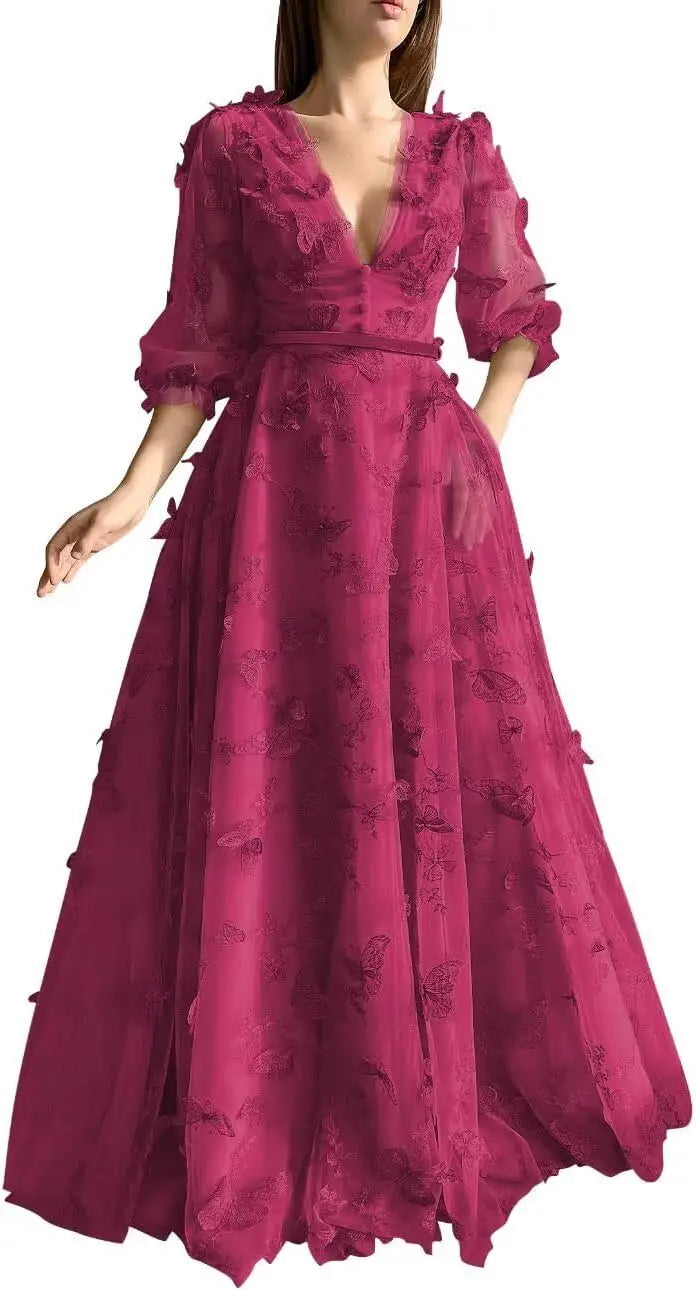Damen Ballkleid mit Puffärmeln, 3D-Schmetterling, langer V-Ausschnitt, Tüll, Ballkleid, formelles Abendkleid 