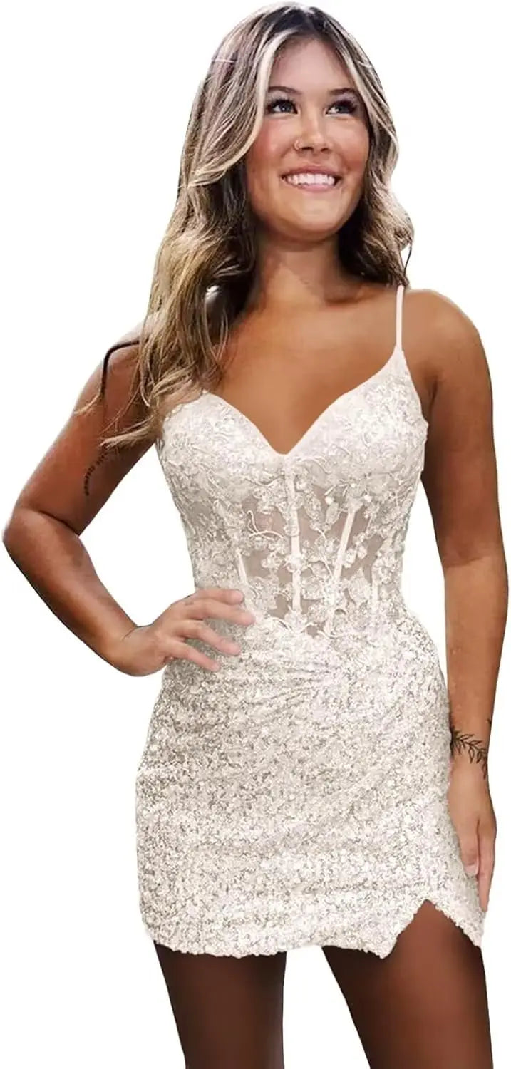Sparkly Sequin Homecoming Dresses for Teens Short Tight Appliques Mini Formal Prom Cocktail Gown 2025 Wedding Party Dresses