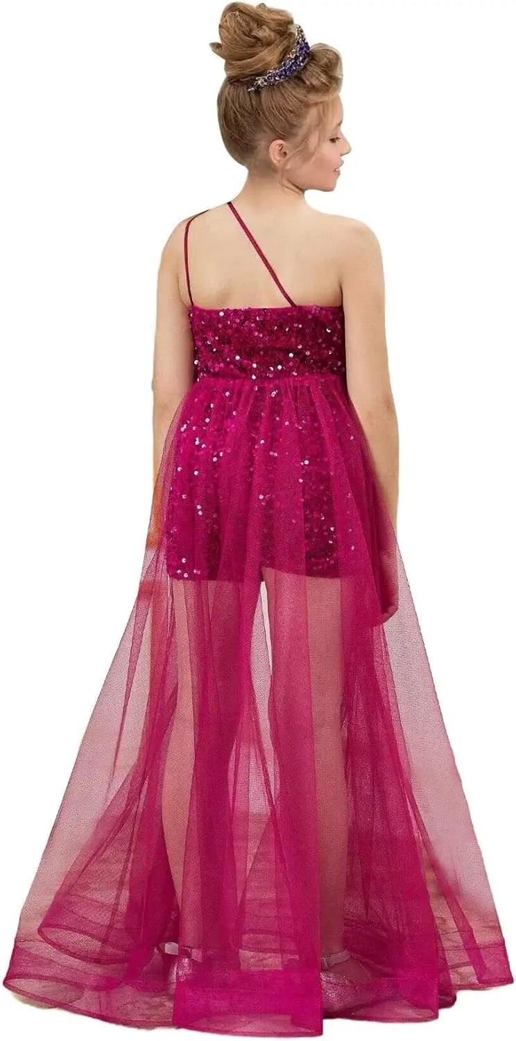 Einschultriges Festzugskleid, Jumpsuits, Blumenmädchenkleid, Pailletten-Mädchen-Ballkleider, Tüll-Strampler, Maxikleid mit Cape, Partykleider 