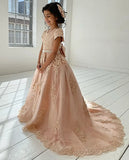 Blumenmädchenkleid für Mädchen zur Hochzeit, Applikationen, Tüll, Festzugskleider, kurze Ärmel, Ballkleid mit Schleife, Prinzessinnenkleid 